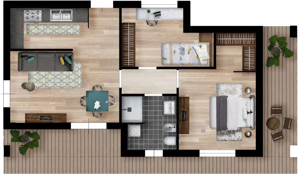 1/ Trilocale con portico